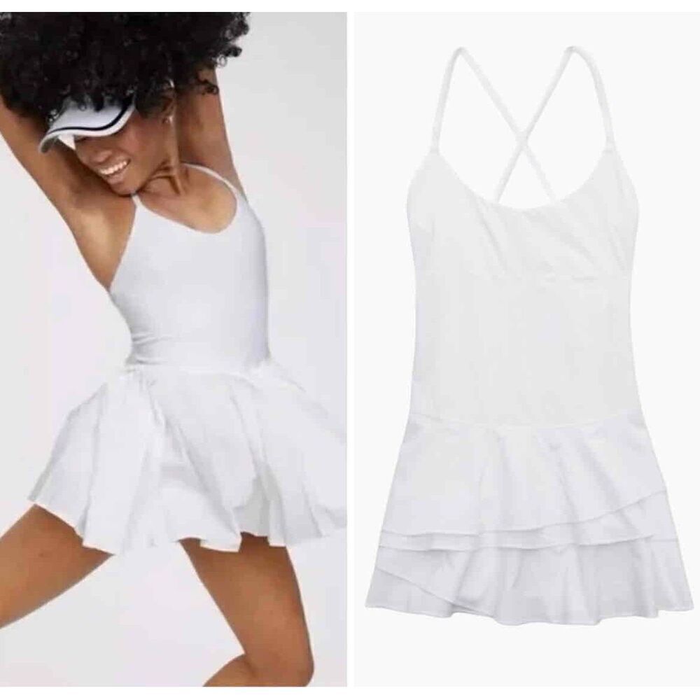 NEW OFFLINE BY AERIE Tennis Dress White Sleeveless Ruffle Hem LARGE Soft Support